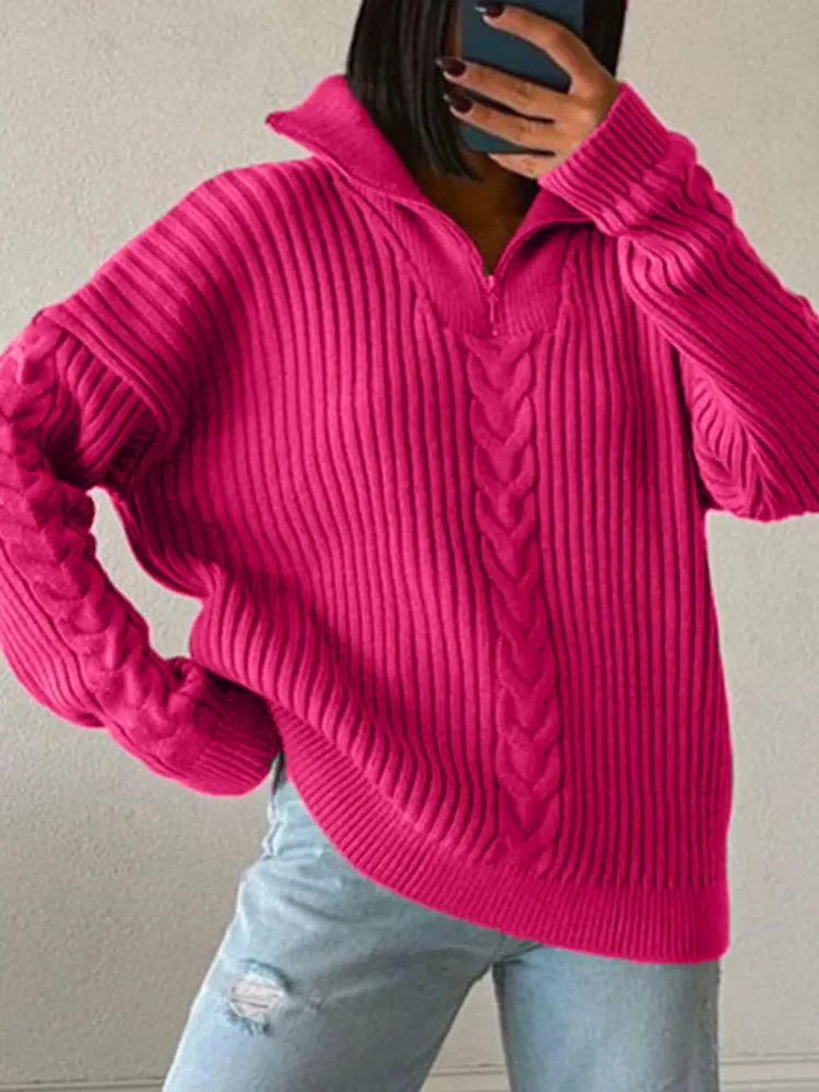 

Women Clothes Fashion Tops 2023 Women Sweater Fried Dough Twist Lapel Loose Solid Color Knitted Zipper Pullover Sweater Women