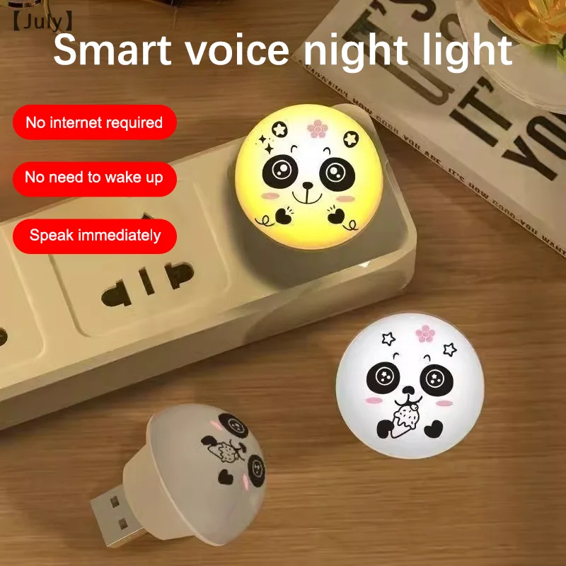 Lampu malam LED dalam ruangan, USB Panda buatan dengan kontrol suara pintar, colokan samping tempat tidur berkemah
