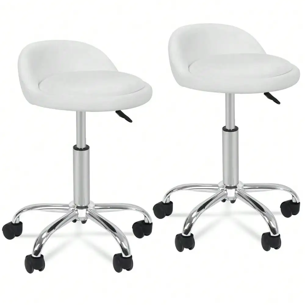 Set of 2 White Hydraulic Massage / Salon Spa Stool PU Leather Seat Adjustable