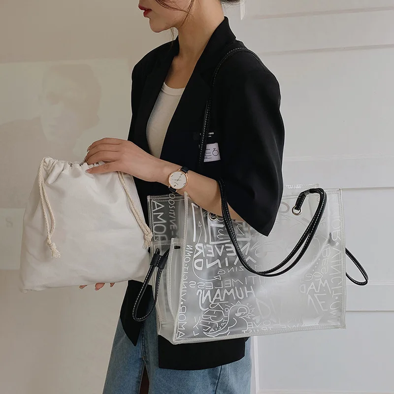 Ladies Transparent Tote Bag Graffiti Large Capacity Shoulder Bag PVC Jelly Clear Bag Fashion Beach Hand Bag for Women