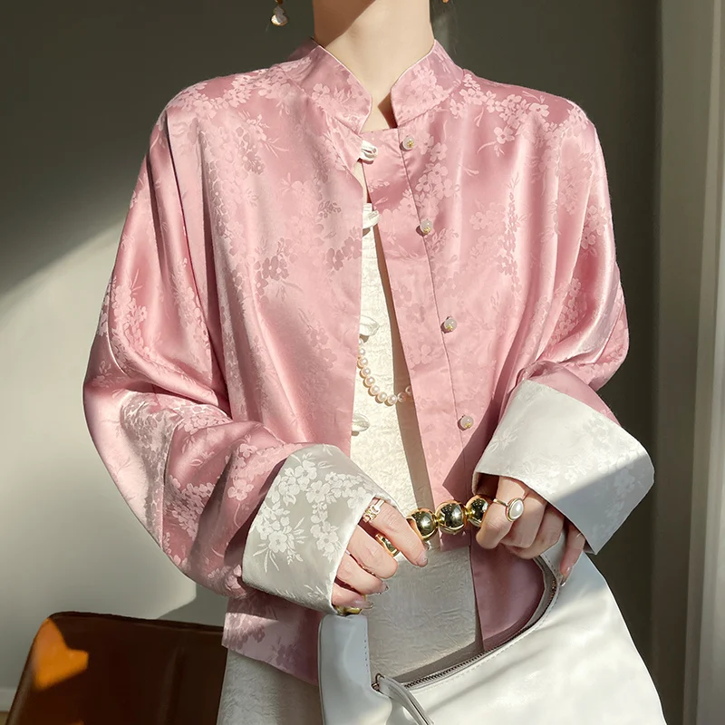 Pink Chinese Style round Neck Embroidered Jacket Women's Casual Versatile Top Spring 2024 New Fashion Long Sleeve Suit