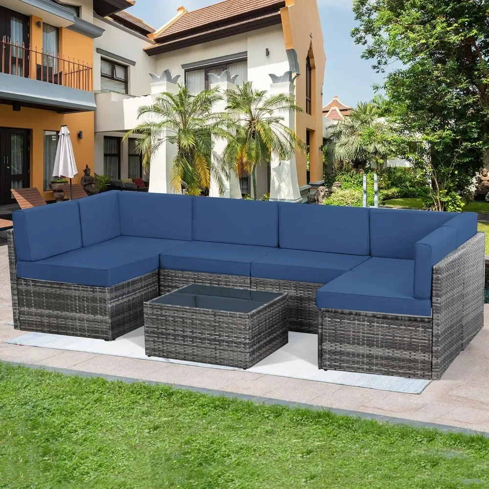 7 Piece Outdoor Patio Furniture Set, PE Rattan Outdoor Grey Wicker Furniture, Outdoor Sectional Furniture Chair Set with