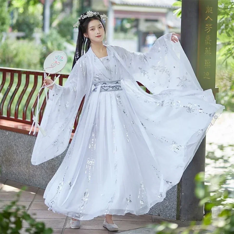 Vestido Hanfu Chinês para Mulheres, Hanfu Vintage Tradicional, Cosplay Halloween, Vestido de Dança, Gradiente Vermelho e Branco, Conjuntos 4Pcs