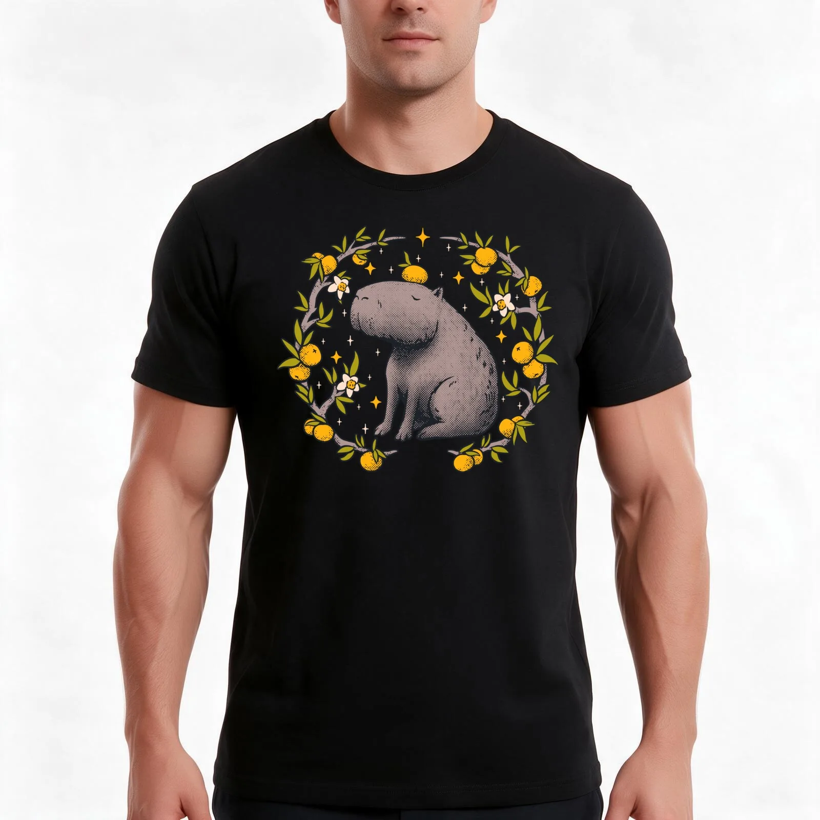 Capybara Cottagecore Aesthetic Chilling With Orange on Head | Goblincore Capy Yuzu Citrus Fruit Blossom Flowers Meditati T-Shirt
