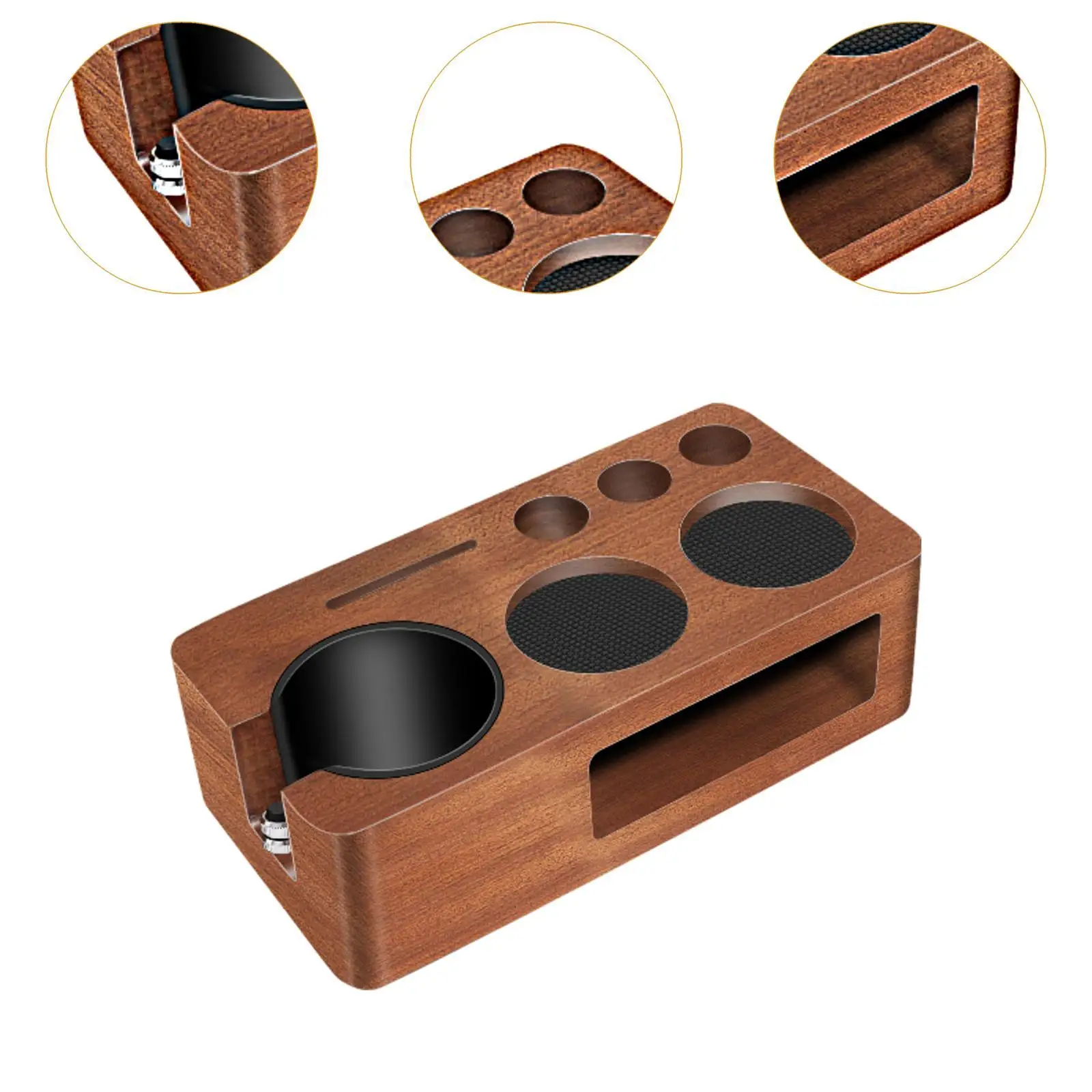 Portable Wooden Coffee Tamping Station with Multi Compartment Espresso Tamper Holder and Portafilter Rack for Countertop