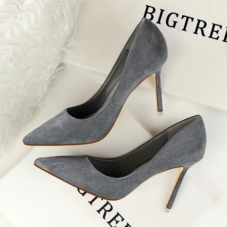 BIGTREE Women Pumps Shoes Spring High Heels Wedding Novelty Pointed Toe Flock 9CM Thin Heels Mature Office Career Women Shoes