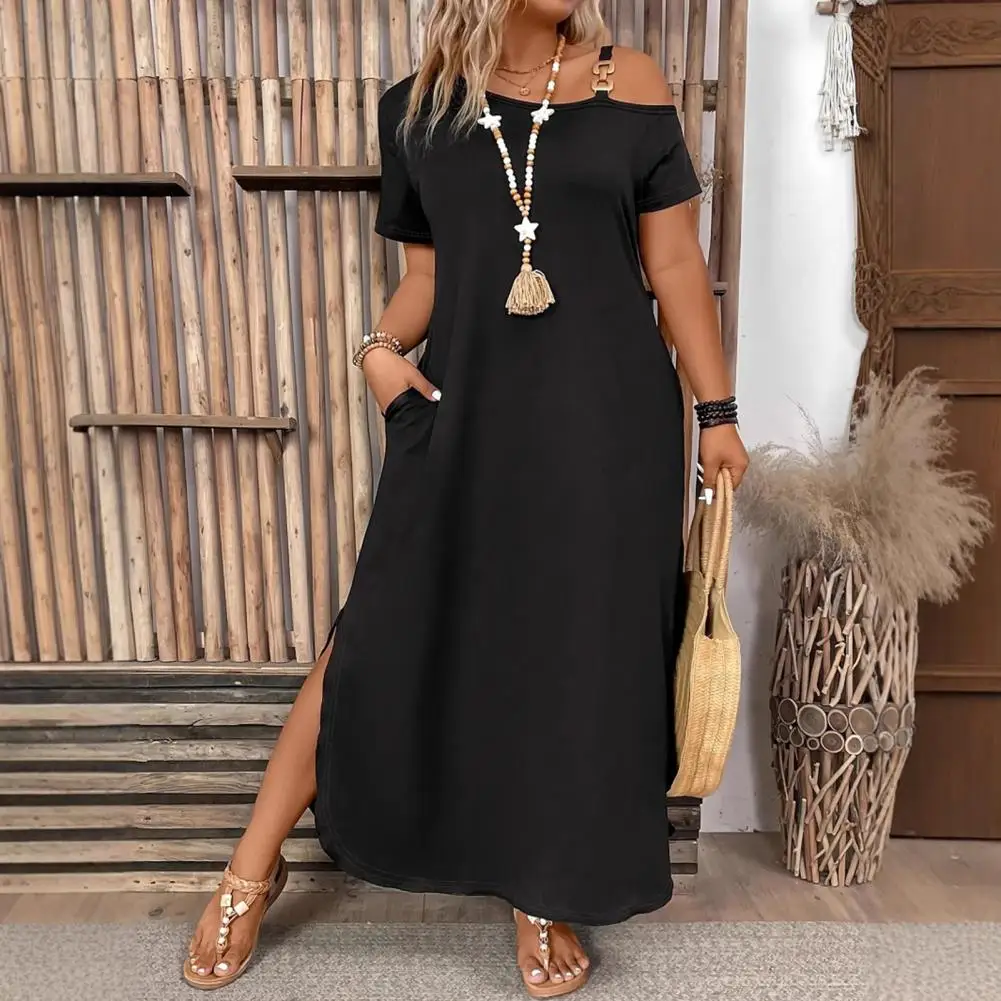 One-line Collar Dress Women’s Off Shoulder Maxi Dress with Short Sleeves Side Slit Hem Belted Waist Loose Fit Pockets Solid