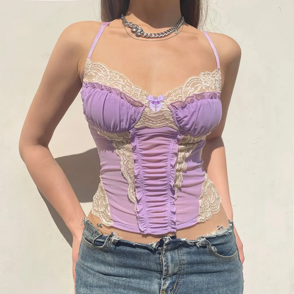 

Pure Desire Women's Slim-fit Lace Stitching Pleated Chest Halter Strap Top Lightweight Mesh Perspective Design for Summer