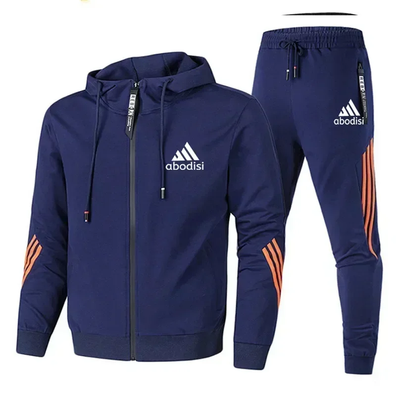 

2024 Spring & Autumn Men's Sports Fitness Set Outdoor Jogging Breathable Jacket Zipper Striped Comfortable Hiking Hoodie + Pants