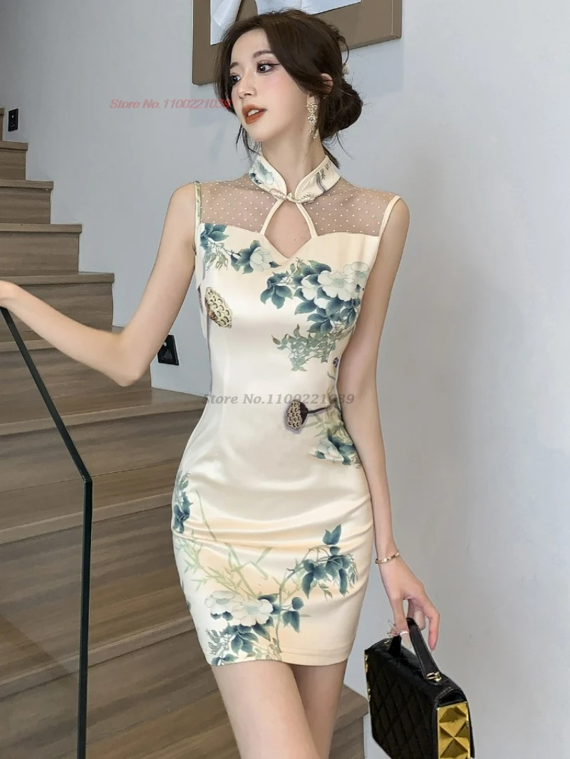 

2025 chinese improved cheongsam sexy patchwork qipao national flower print sleeveless qipao dress nightclub evening party dress