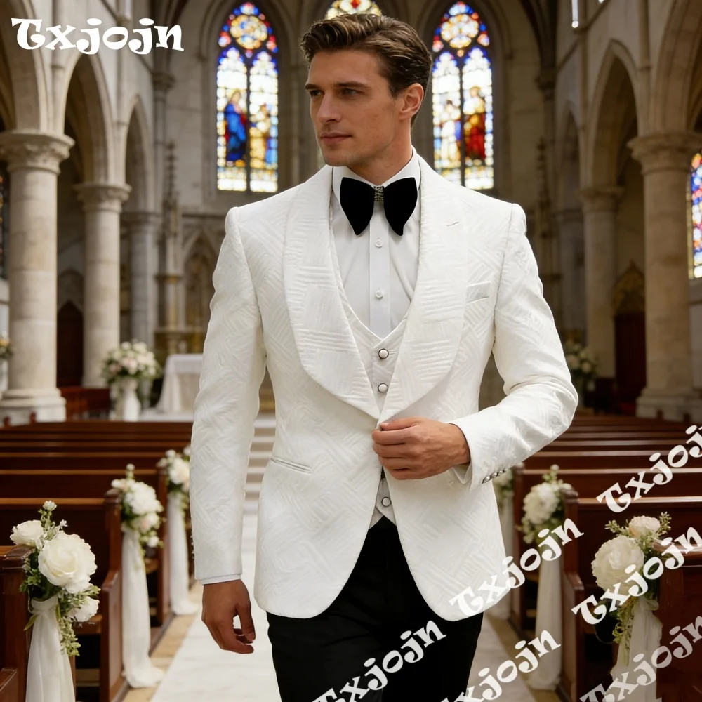 

Luxury White Jacquard Men 3PCS Suits Shawl Lapel Slim Fit Groom Tuxedos Blazer Vest Pants Wedding Party Events Costume Homme
