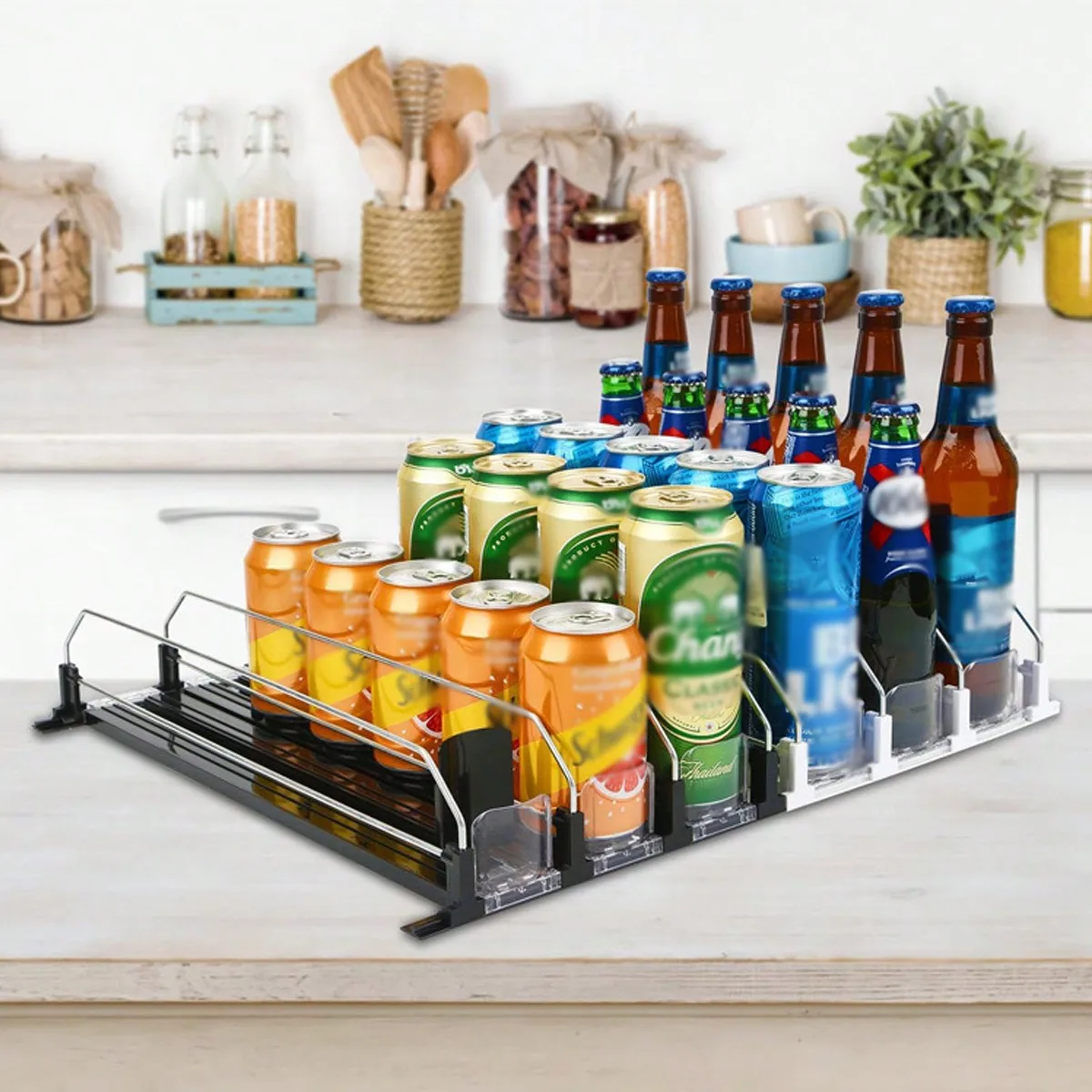 Drink Dispenser For Fridge Modern White Clear Soda Can Organizer Spring Loaded Pusher Glide Beverage Storage Rack Holder Stainless Steel Wire Dividers For Refrigerator Cabinet Pantry Countertop Housewarming Gift