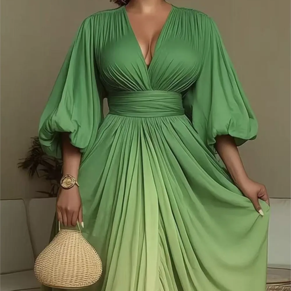 

Elegant Casual Evening Dress Spring Summer Women's Fashion Ombre High Waist Loose Pleated Drape Mid-Waist V Neck Slit Long Dress