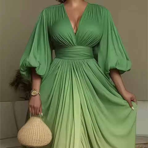 Elegant Casual Evening Dress Spring Summer Women's Fashion Ombre High Waist Loose Pleated Drape Mid-Waist V Neck Slit Long Dress