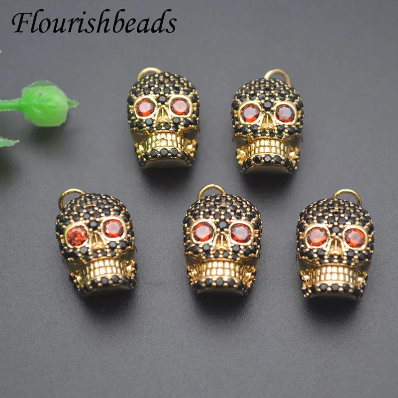 12x17mm Luxury Paved Black CZ Beads Gold Color Metal Skull Head Charms Pendant  DIY Jewelry Making