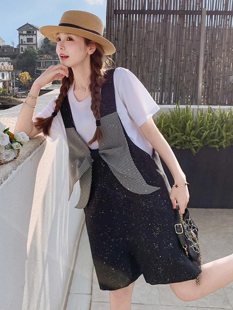 

Sli Color Blo Silver Ba Strap Jumpsuit T-irt Set Women's Summer Korean Sle ort Size Suit Two-Piece Ensemble