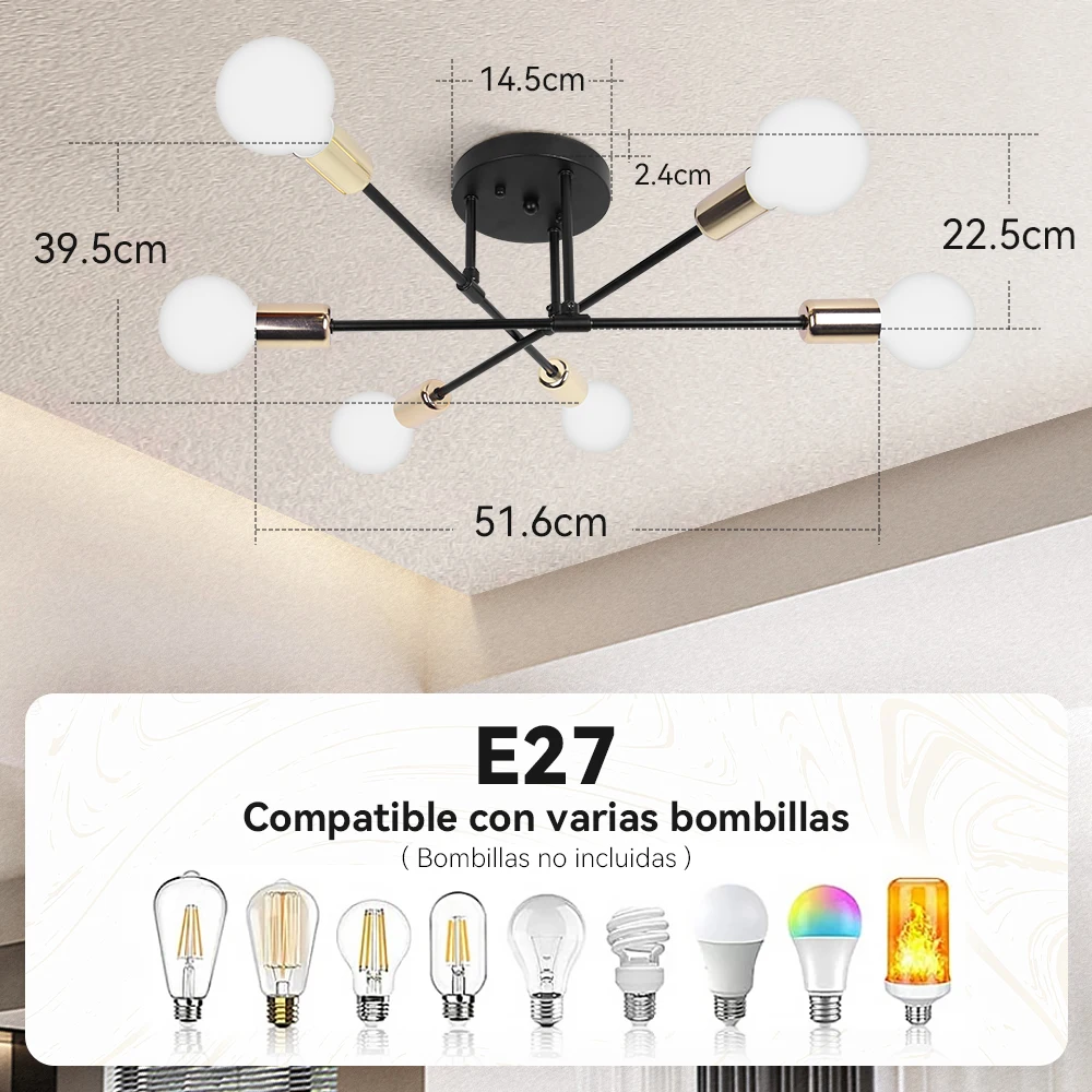 Lampada a Sospensione LED E27 in Metallo Stile Retrò, Plafoniera a 6 Luci per Camera da Letto e Soggiorno, Illuminazione Pendente Moderna