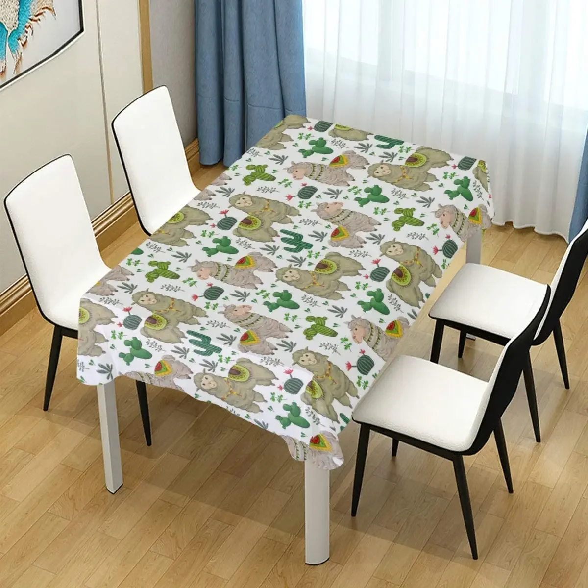 Cubierta de mesa cuadrada floral y cactus tropical de animales de llama de acuarela para diseño de decoración de mesa de comedor de cocina