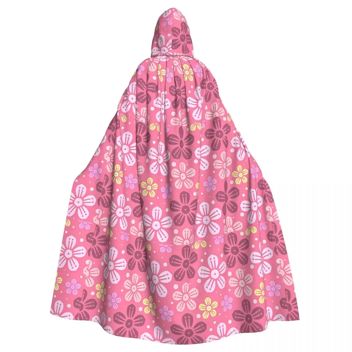 Adult Beautiful Pink Floral Background  Cape Hooded Medieval Costume Witch Wicca Vampire Halloween  Dress Coat