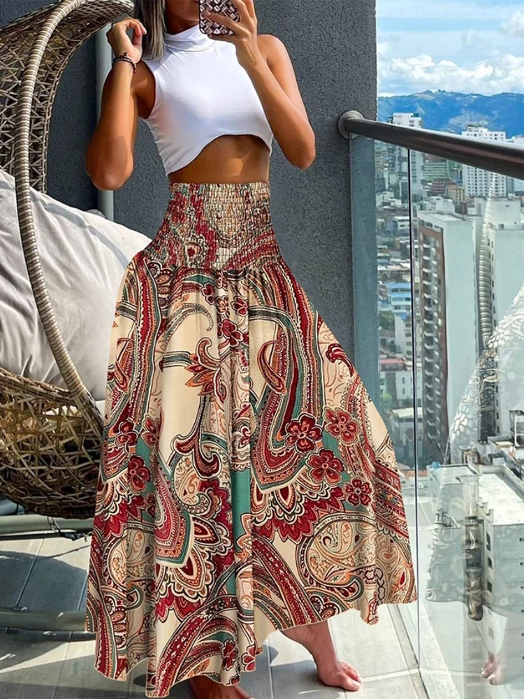 Summer Fashion High Waist Thin Printing Female Skirts Commute Elegant Elastic Waist Bohemia Holiday A-line Skirt Versatile Dress