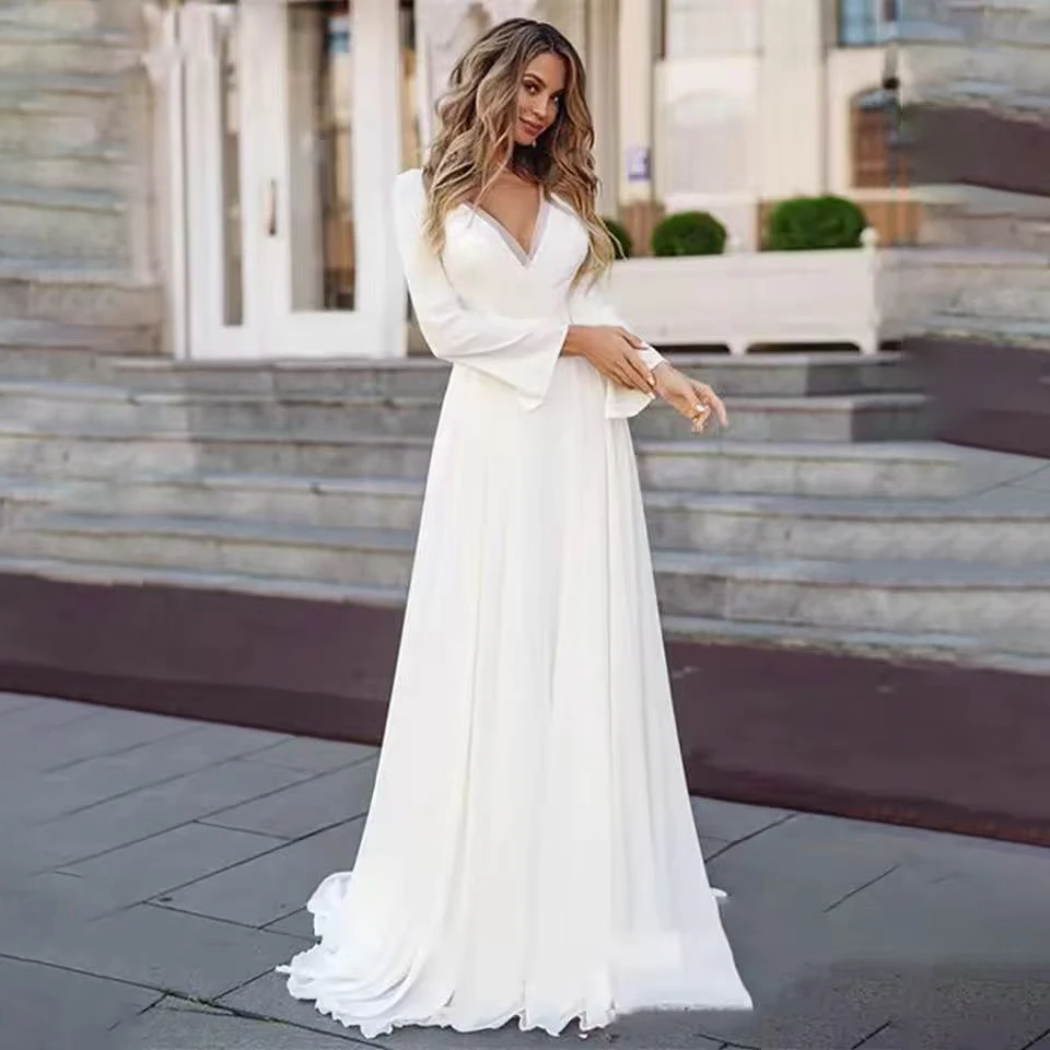 

Customized Chiffon Illusion Back Long Sleeve Boho Wedding Dress Simple V-Neck Appliques Bridal Gown Vintage Bohemian 2026