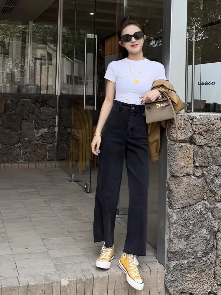 Black High Waist Wide Leg Jeans Women's 2026 New Small Size Slimming Versatile Frayed Nine Point Straight Cut Long Pants