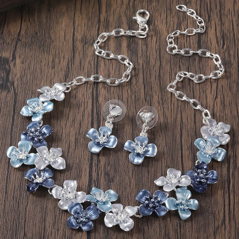 Women's Blue Enamel Geometric Necklace Set, Elegant Gift
