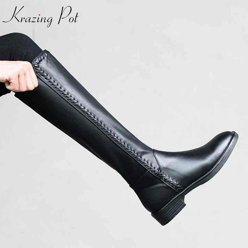 

Krazing Pot 2025 Cow Leather Riding Long Boots Thick Heel Sewing Brand Keep Warm Preppy Style Classics Concise Knee-high Boots