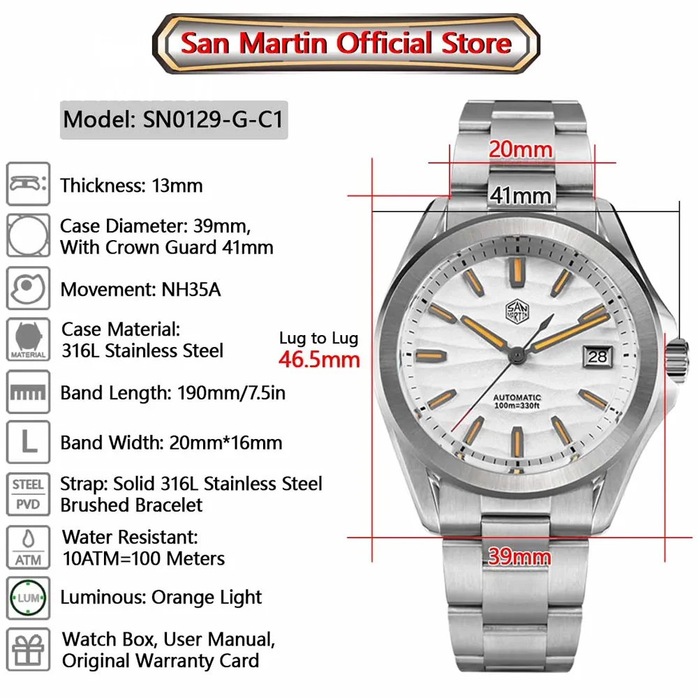 San Martin Original 39mm Gada Fashion Men Dress Watch Orange Luminous NH35 Automatic Mechanical Business Men Watches Waterproof