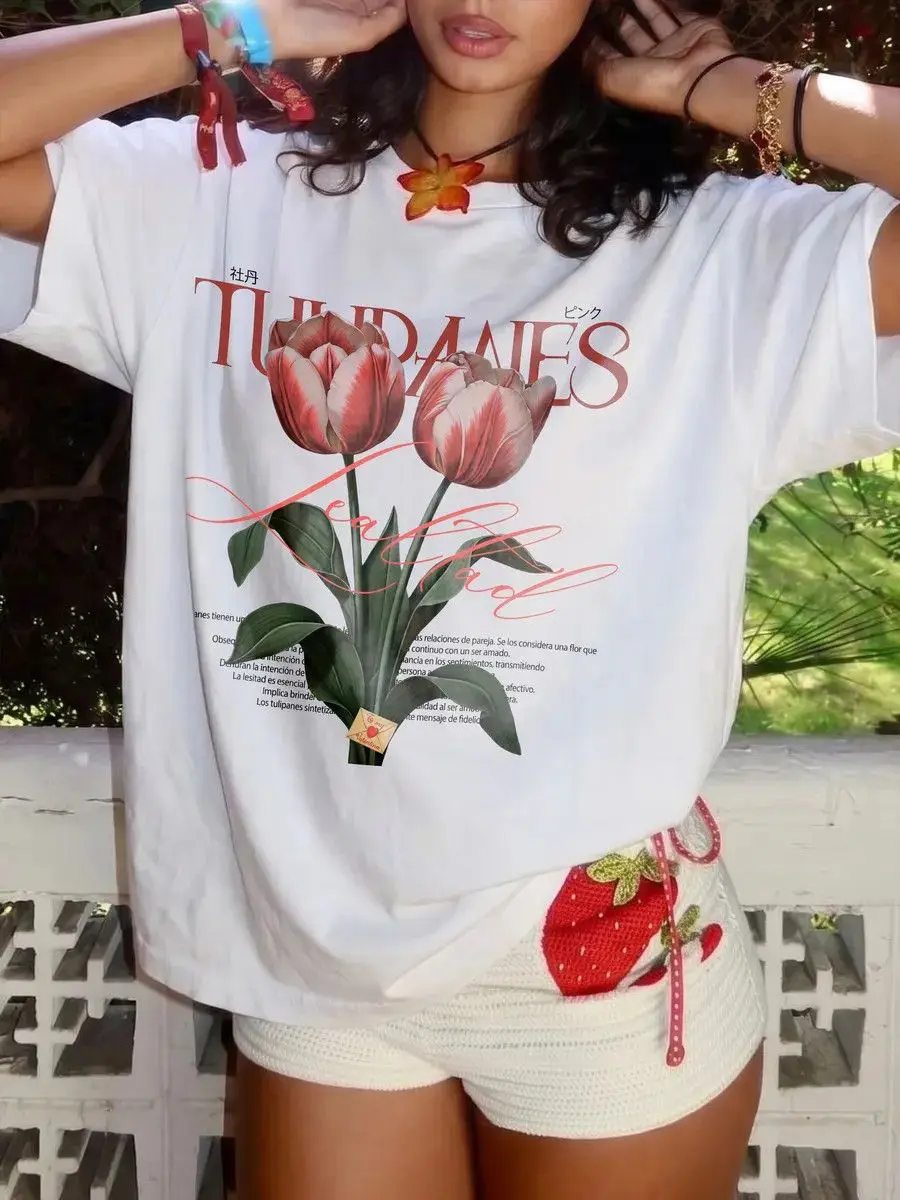 Vintage French Tulip Print Oversized T Shirt White Botanical Cotton Y2k Aesthetic Flower Graphic Top Summer Streetwear Holiday