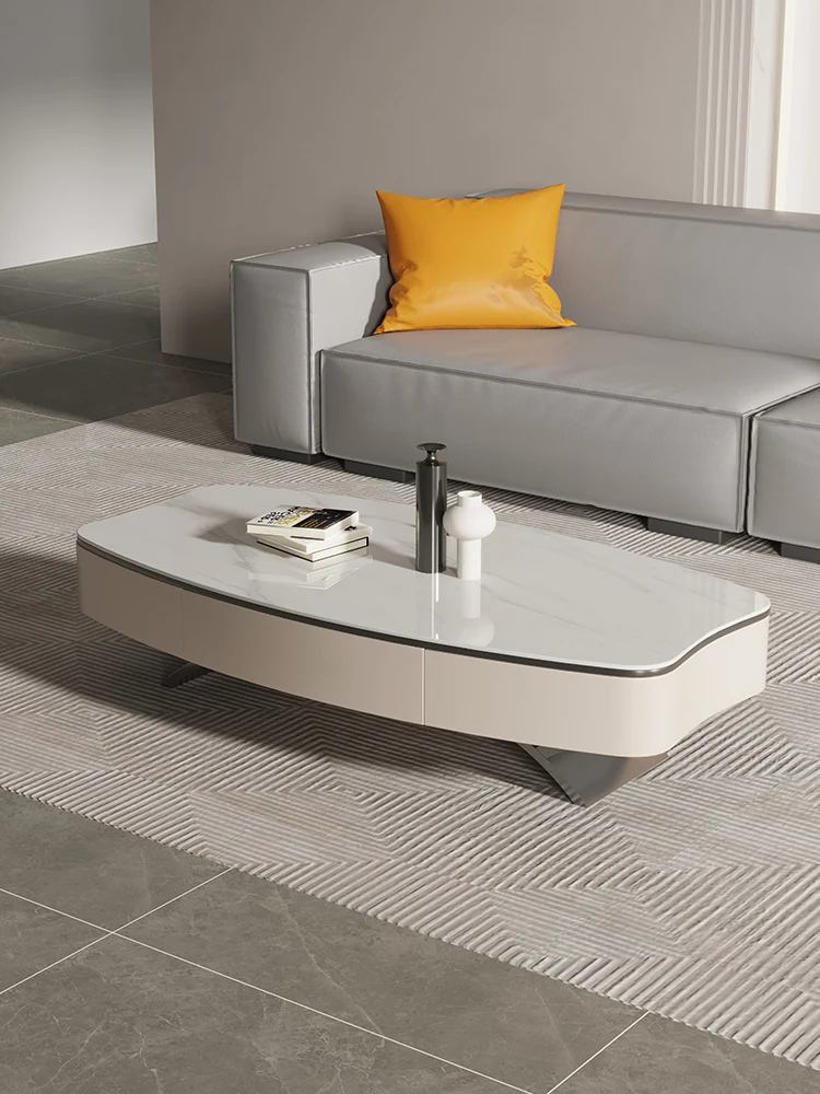 Modern Simple Living Room Light Luxury Rock Plate Tea Table Nordic Small Unit Cream Style Oval Tea Table