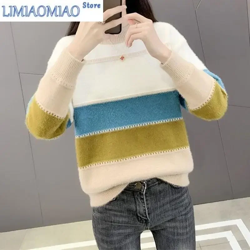 

New Autumn/Winter Fashion Korean Edition Colored Mink Fleece Half High Neck Loose Versatile Western Women's Knitted Sweater