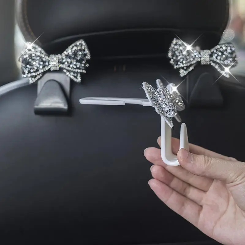 Car Headrest Hooks With Sparkly Rhinestone Bow Decor And Sturdy Load Bearing Perfect For Hanging Bags Groceries Inside Cars