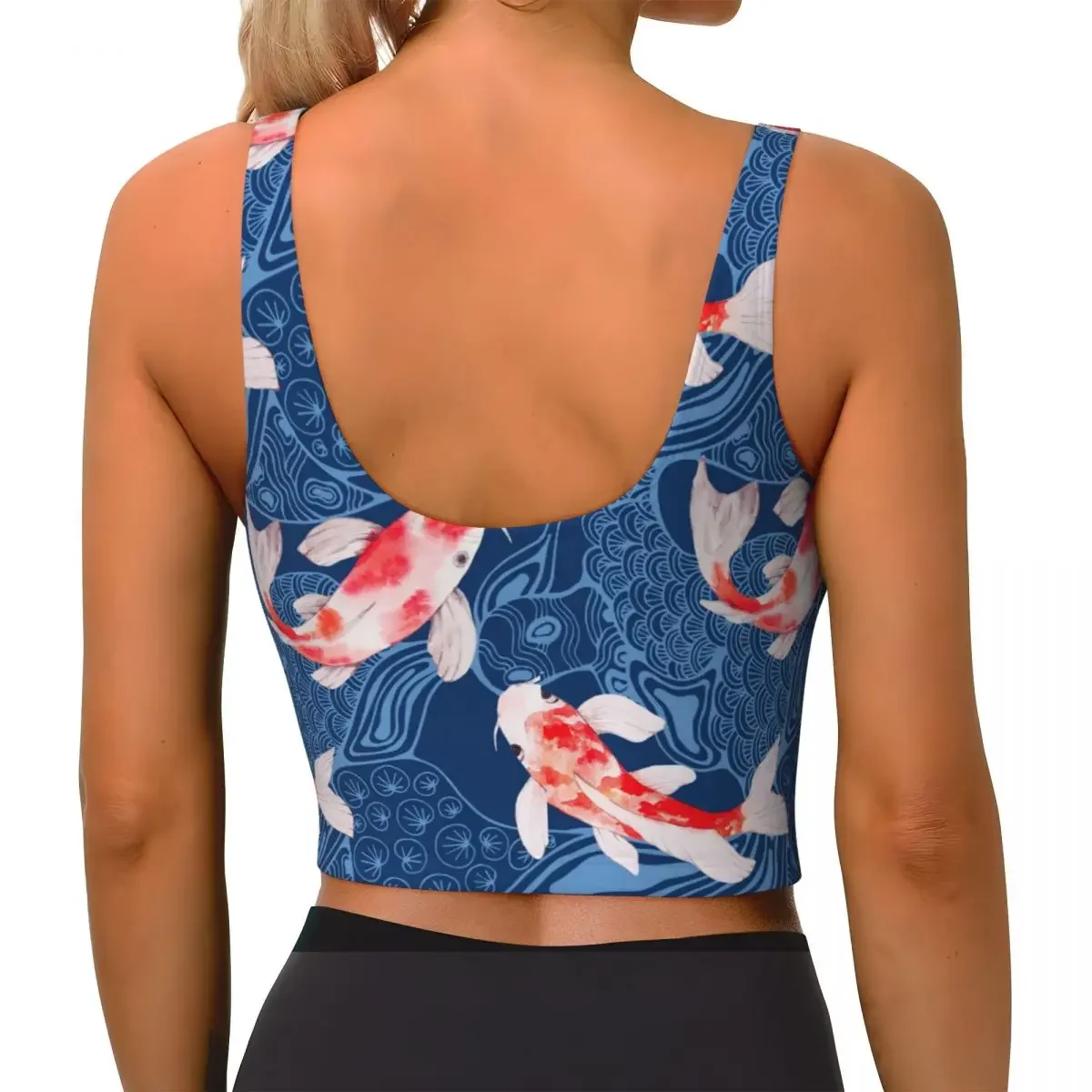سترة يوجا للنساء للصالة الرياضية قطع علوية قصيرة بألوان مائية كوي الأسماك مع موجات يابانية ملابس الشارع الشهير قميص بدون أكمام يسمح بالتهوية للسيدات