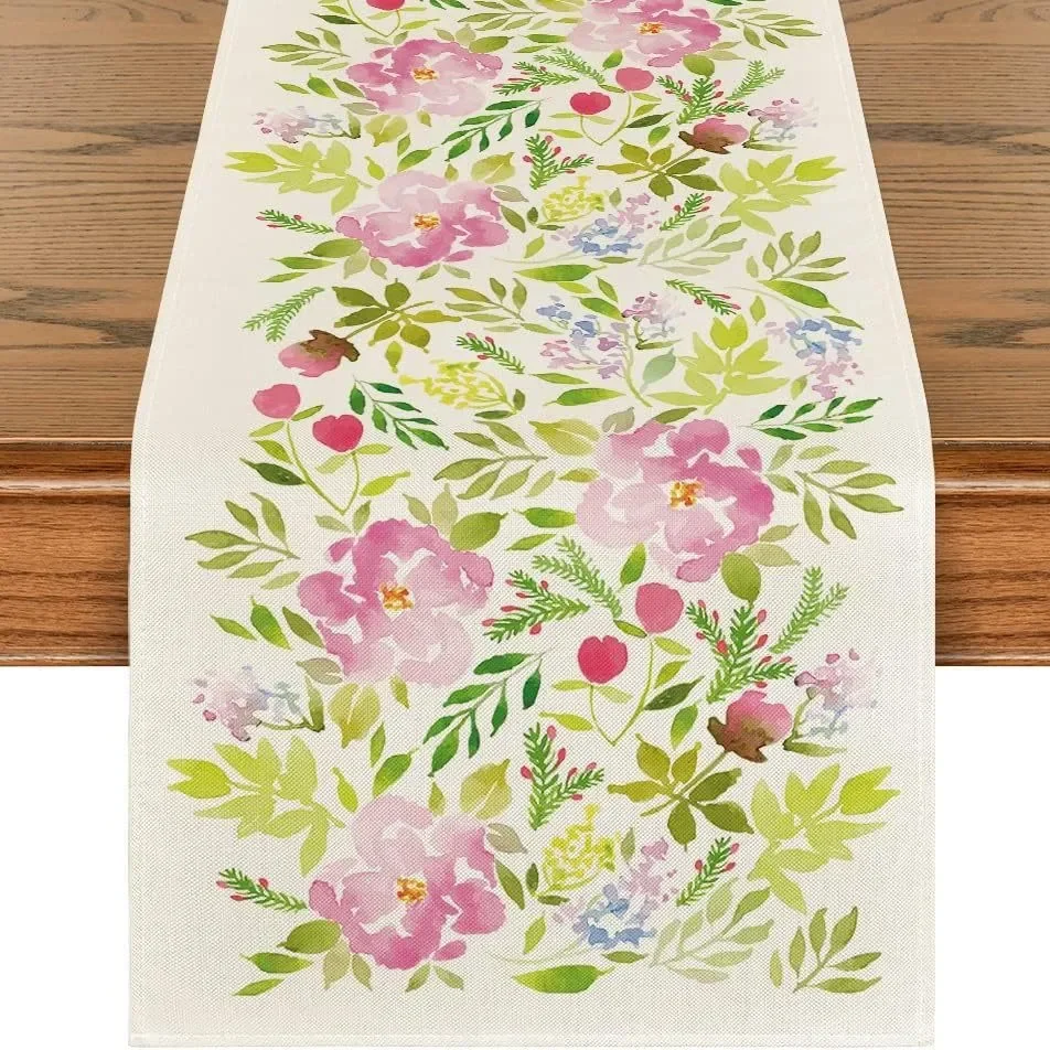 Sunflower Table Runner Eucalyptus Leaf Linen Tablecloth Watercolor Yellow Flower Summer Kitchen Dining Room Home Party Decor