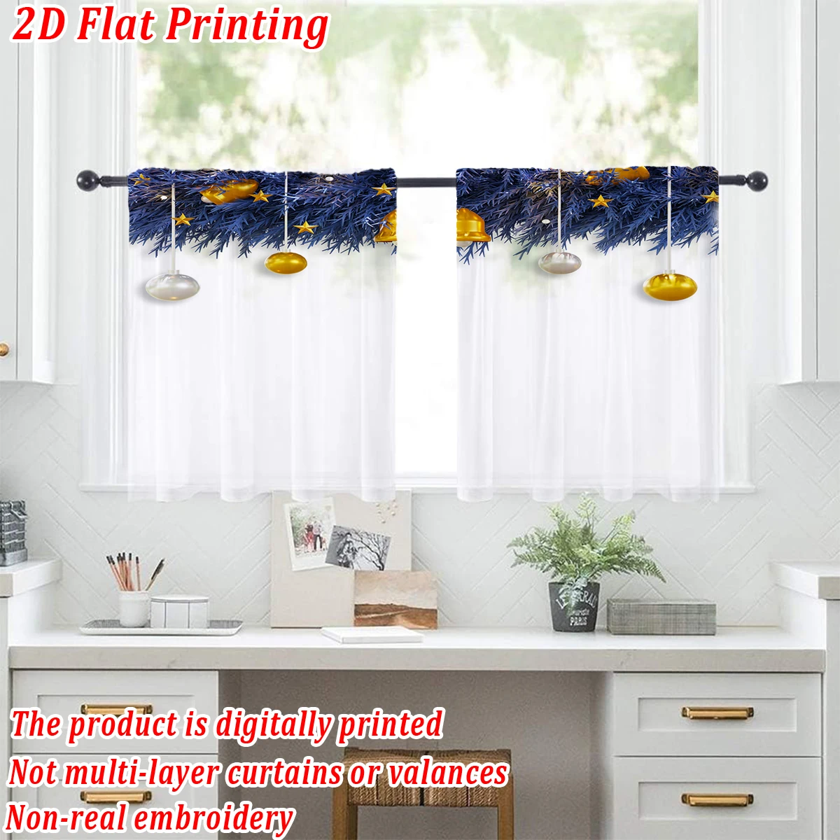 Christmas Flat Printing Kitchen Sheer Curtain with Merry Christmas Ball Ornament Pine Branch For Christmas Home Decor  Party