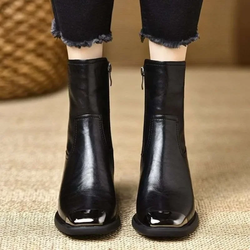 2024 Autumn New Style Vintage Women Short Boots Chic Iron Square Toe Chunky High Heels Cowboy Botines Sapatos