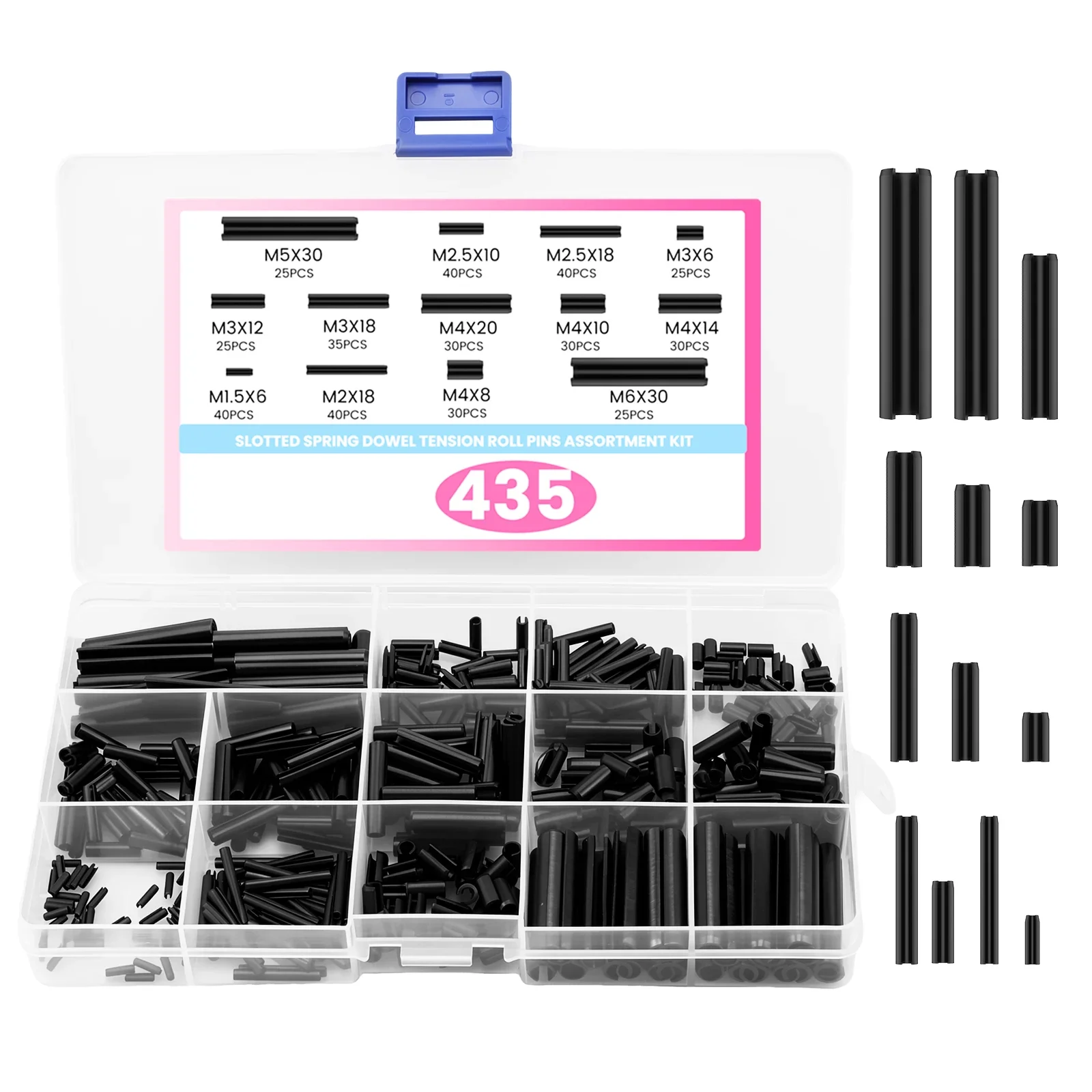 435Pcs Roll Pin Assortment Metric Slotted Spring Pins M1.5 M2 M2.5 M3 M4 M5 M6 Carbon Steel Storage Case Automotive Repair