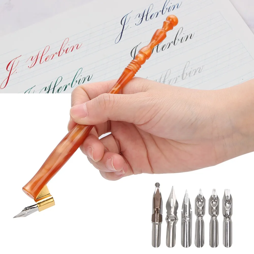 7pcs Innovative Resin Handle Dip Pen Set Antique Copperplate Finish Flat Nibs Calligraphy Dip Pen Oblique Pen Holder For Artists