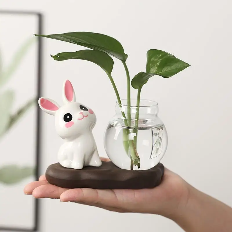Transparent Glass Vase Tabletop Decoration Cute Rabbit Hydroponic Plant Vases Aquatic Flower Bottle With Wooden Base