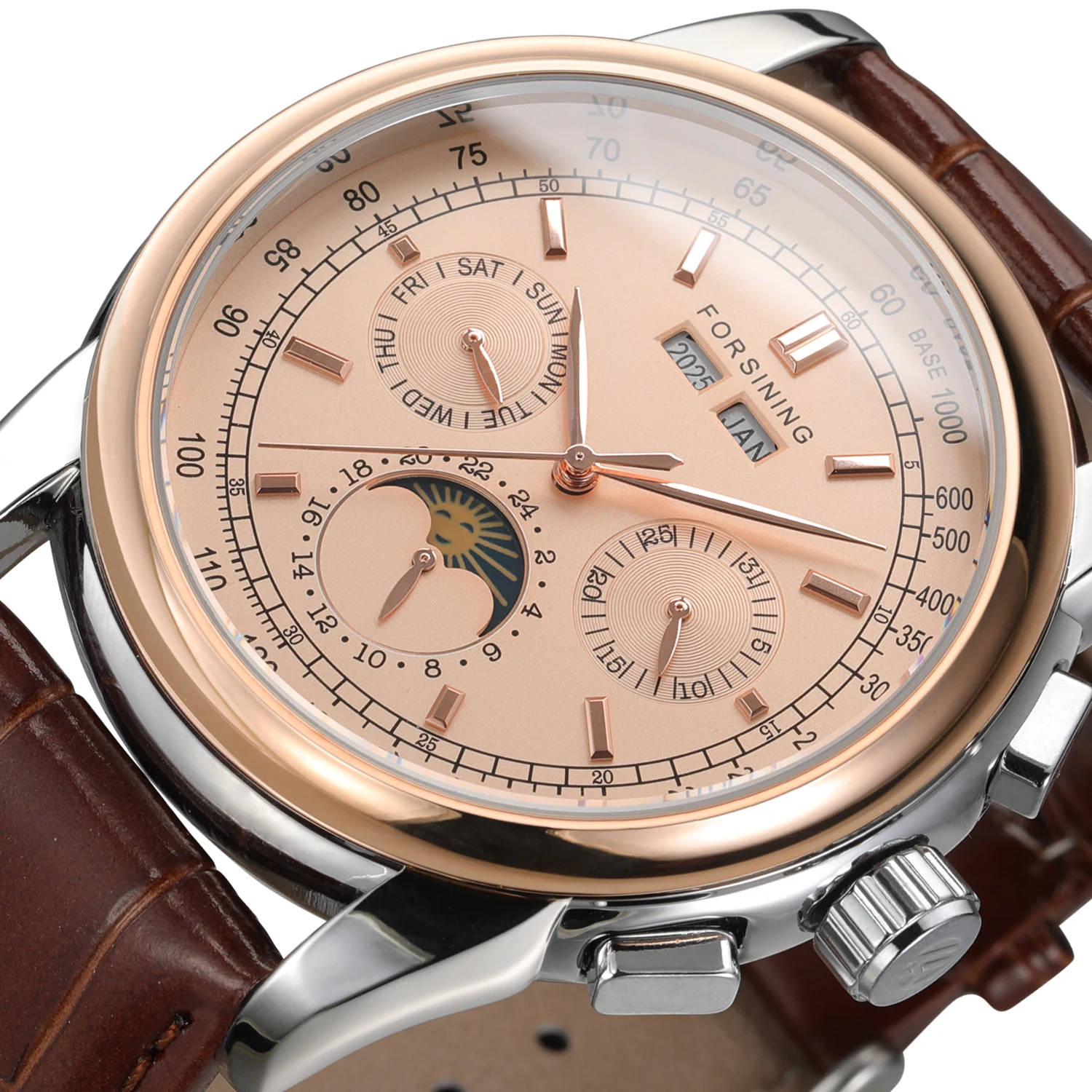 Men's Retro Mechanical Moon Phase Watch, Rose Gold