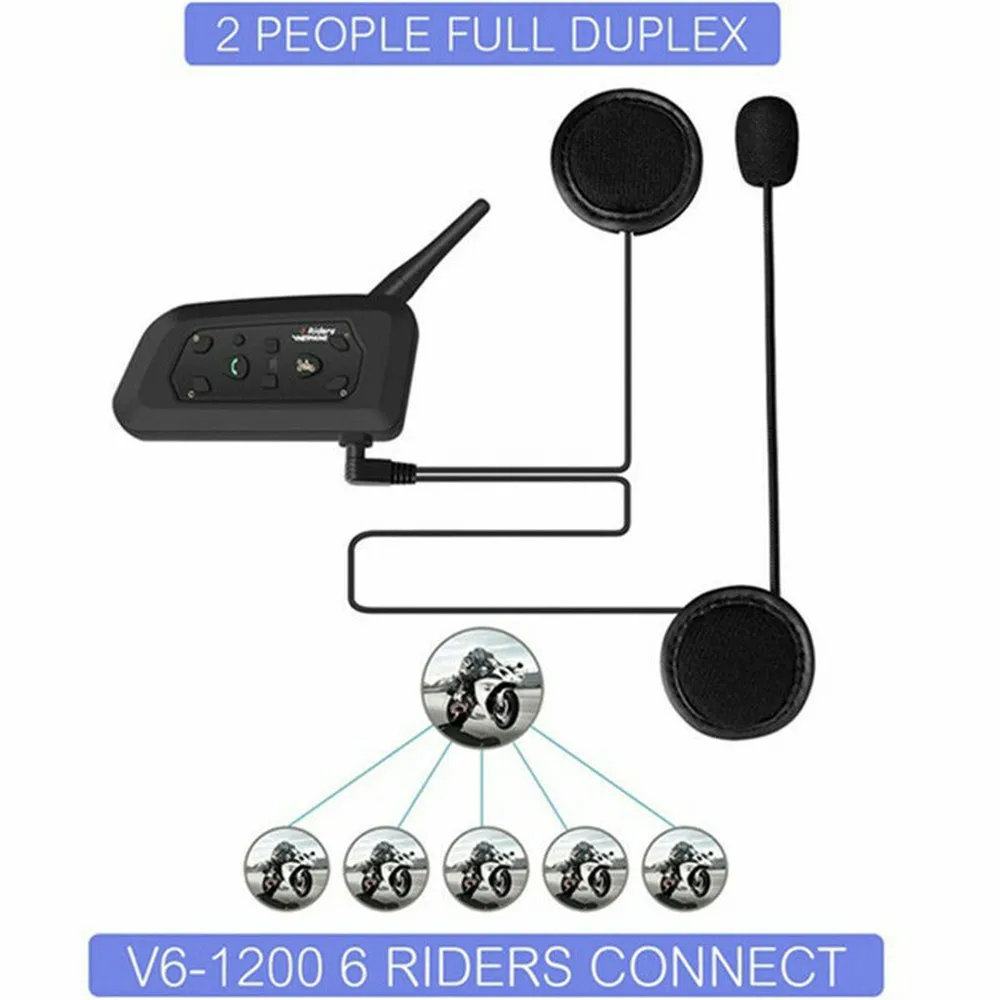 V6 Headset interkom Bluetooth sepeda motor, Headphone Speaker 1200M untuk 6 pengendara IP65 MP3 GPS helm seluruh wajah/setengah wajah