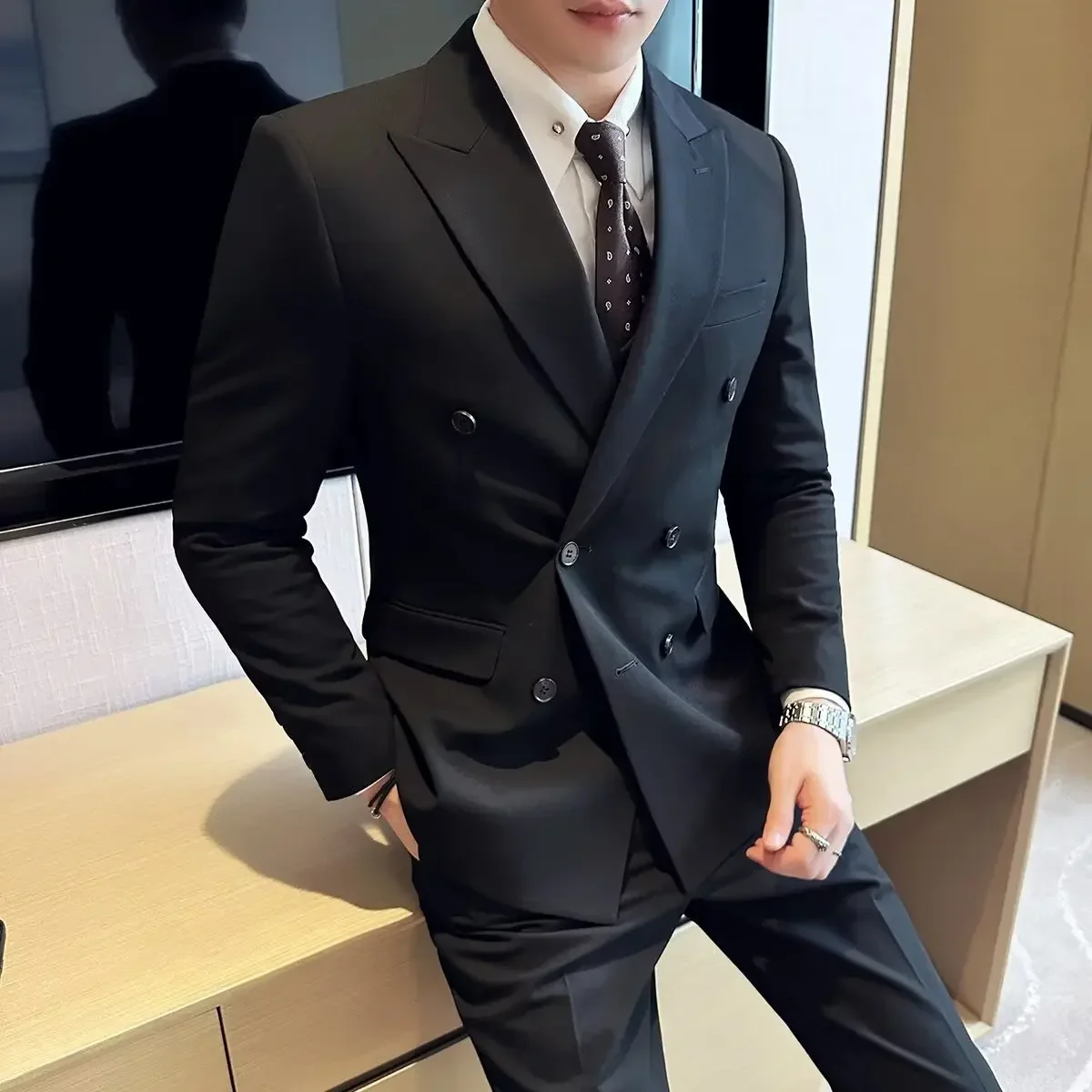 British Style Trendy Men\'s Blazer Black Double Breasted Slim Fit Suit Jacket Formal Business Office Groom Wedding Dress S-5XL