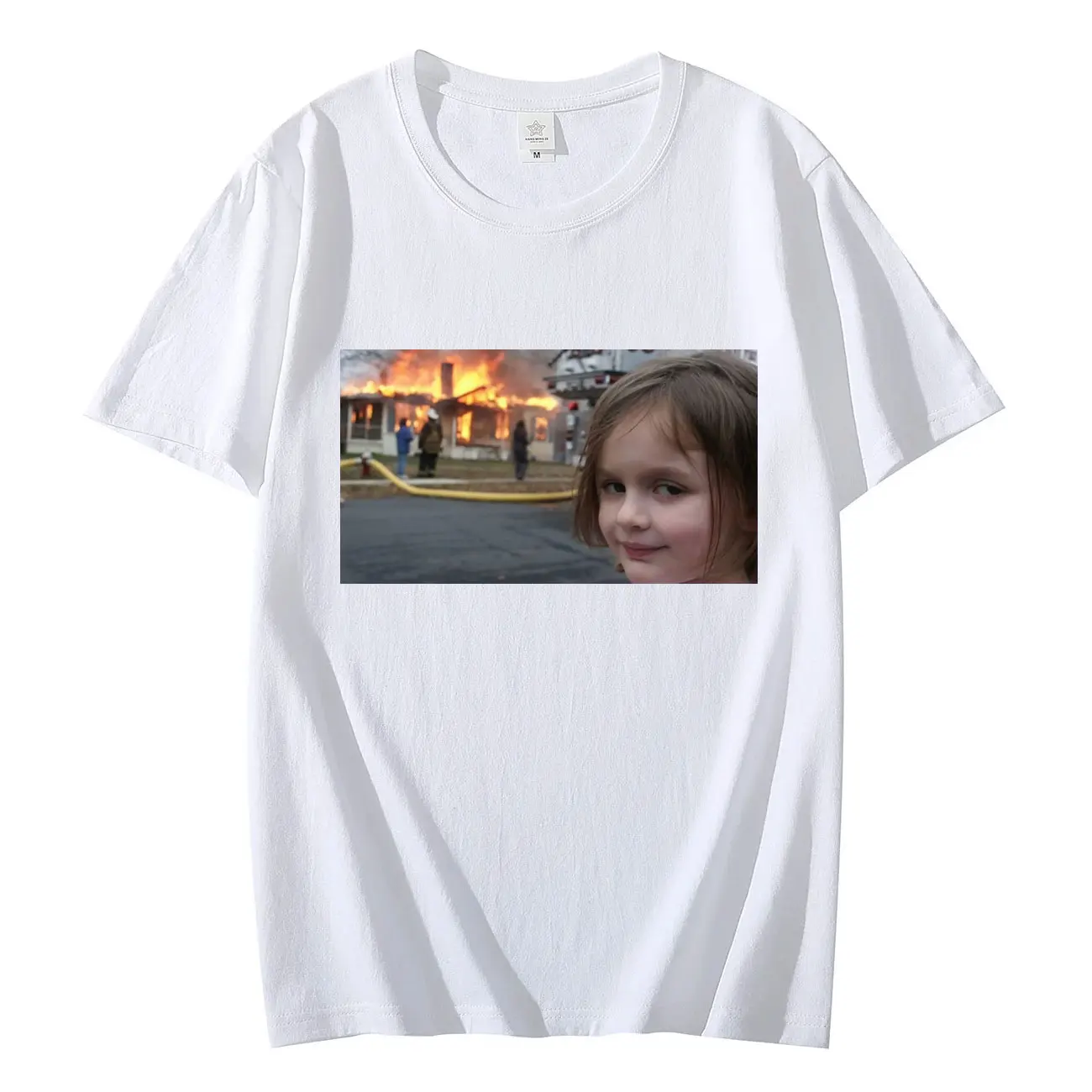 

Disaster Girl Meme Funny T-shirts Standing in Front of A Burning House and Smiling Graphic T Shirt Unisex Fashion Casual T-shirt