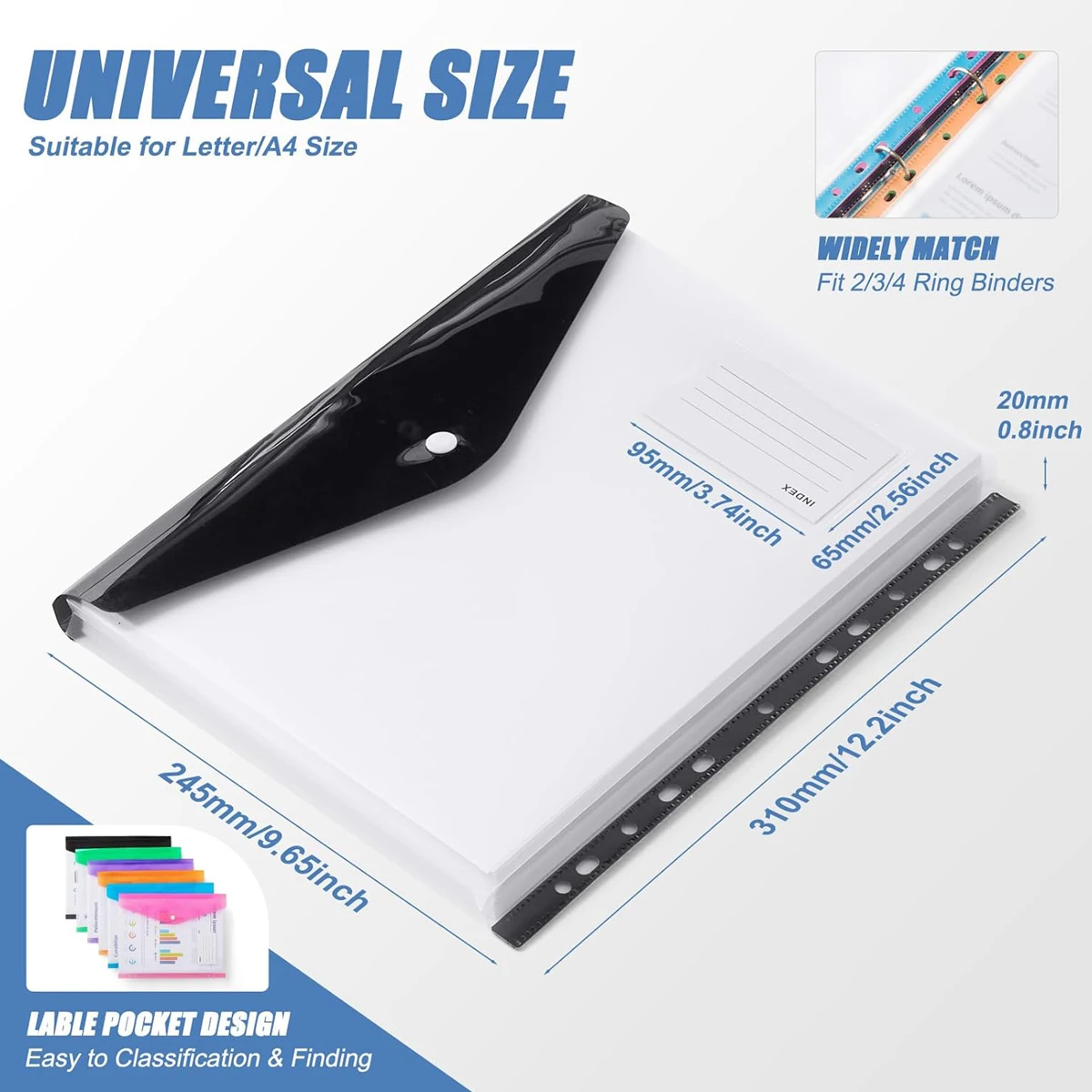 12pcs Punched Pocket Clear Plastic Wallet Binder Folders with 11 Hole File Binder Pockets with Snap Closure