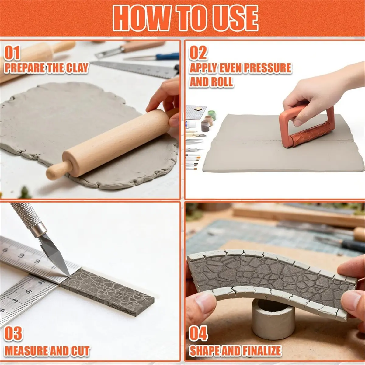 9 Pcs Clay Texture Roller Set with Handle, 3D Printed Terrain Roads Stones Walls Roofs for Clay Crafts