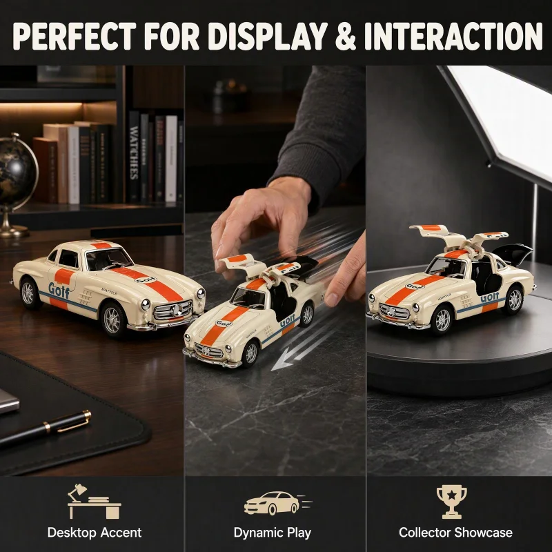 1/36Retro Classic Alloy Sports Car Model, Pull Back Diecast Vehicle, Multi Openable Panels, Metal Body Desktop Display Ornament