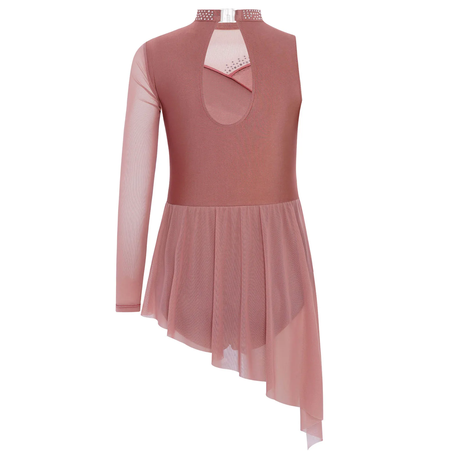 فستان رقص غنائي للأطفال البنات، زي أداء التزلج على الجليد، فساتين يوتار شبكية غير متناظرة بأحجار الراين #3