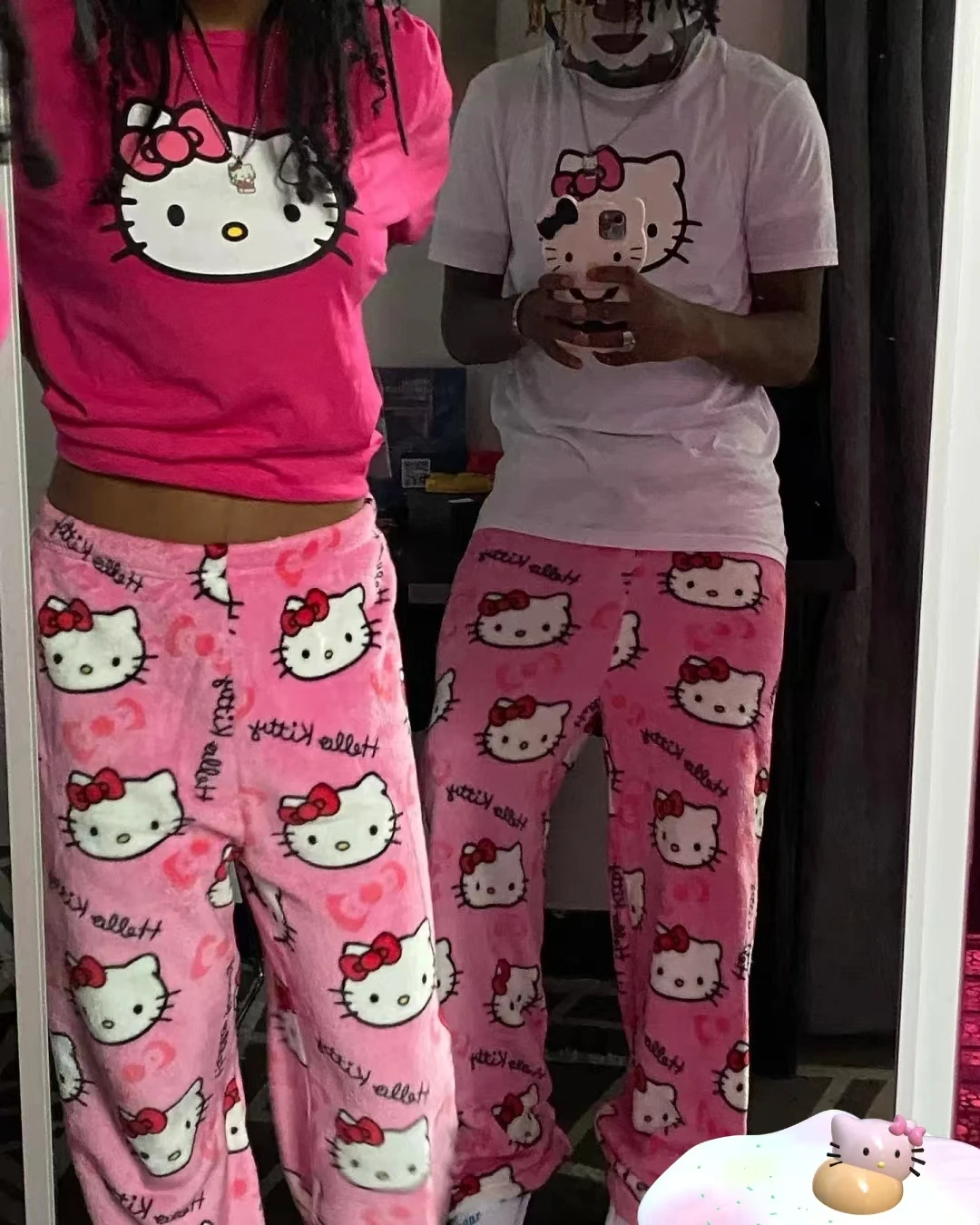 

Cute Sanrio Hello Kitty Flannel Pajamas Pants Black Women Warm Woolen Cartoon Casual Home Pants Autumn Winter Fashion Trousers