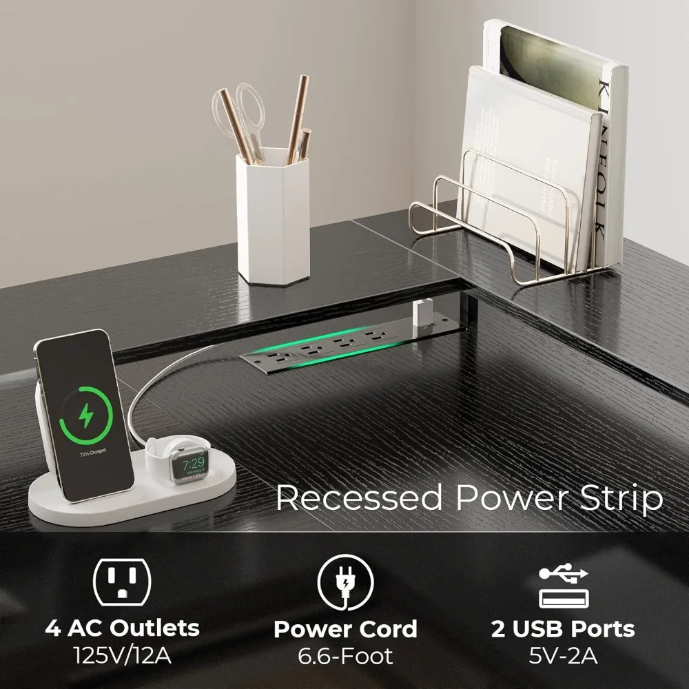 Shaped Desk Gaming Desk with LED Lights & Power Outlets, Computer Desk with Storage Shelves, Corner Home Office